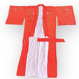 Embroidered Authentic Japanese Kimono, silky, neon orange, very unique, One size